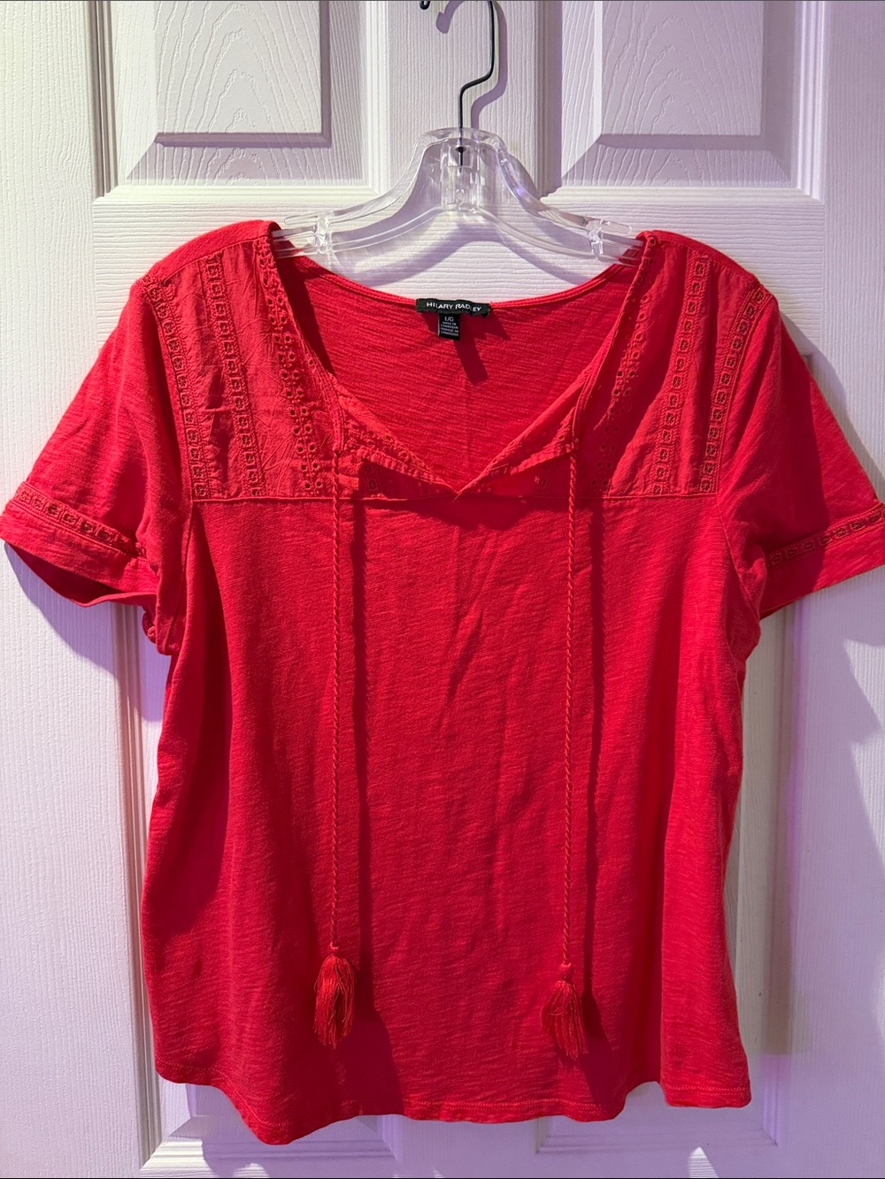 Hilary Radley Bright Red Short Sleeve Tassel Top